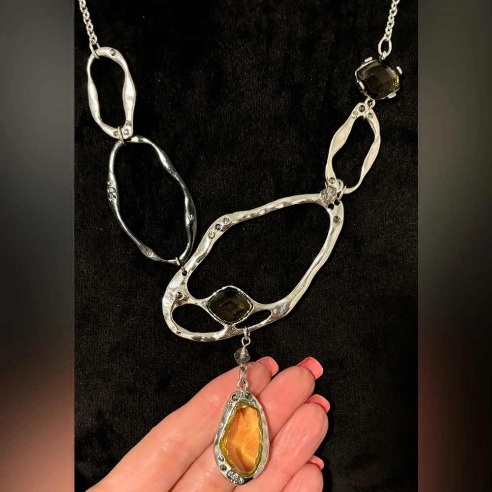 Chico’s Silvertone Mixed Link Statement Necklace Crystal Drop Pendant